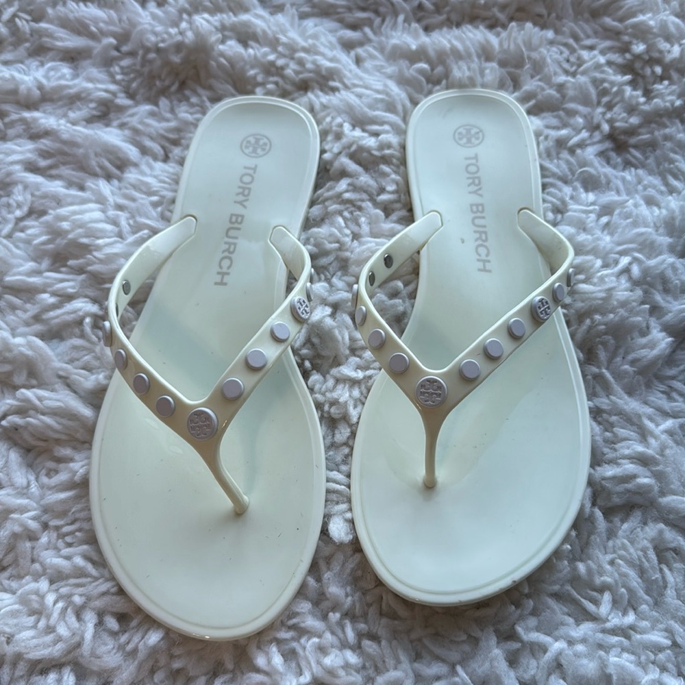 Tory Burch White Jelly Stud Flip Flops